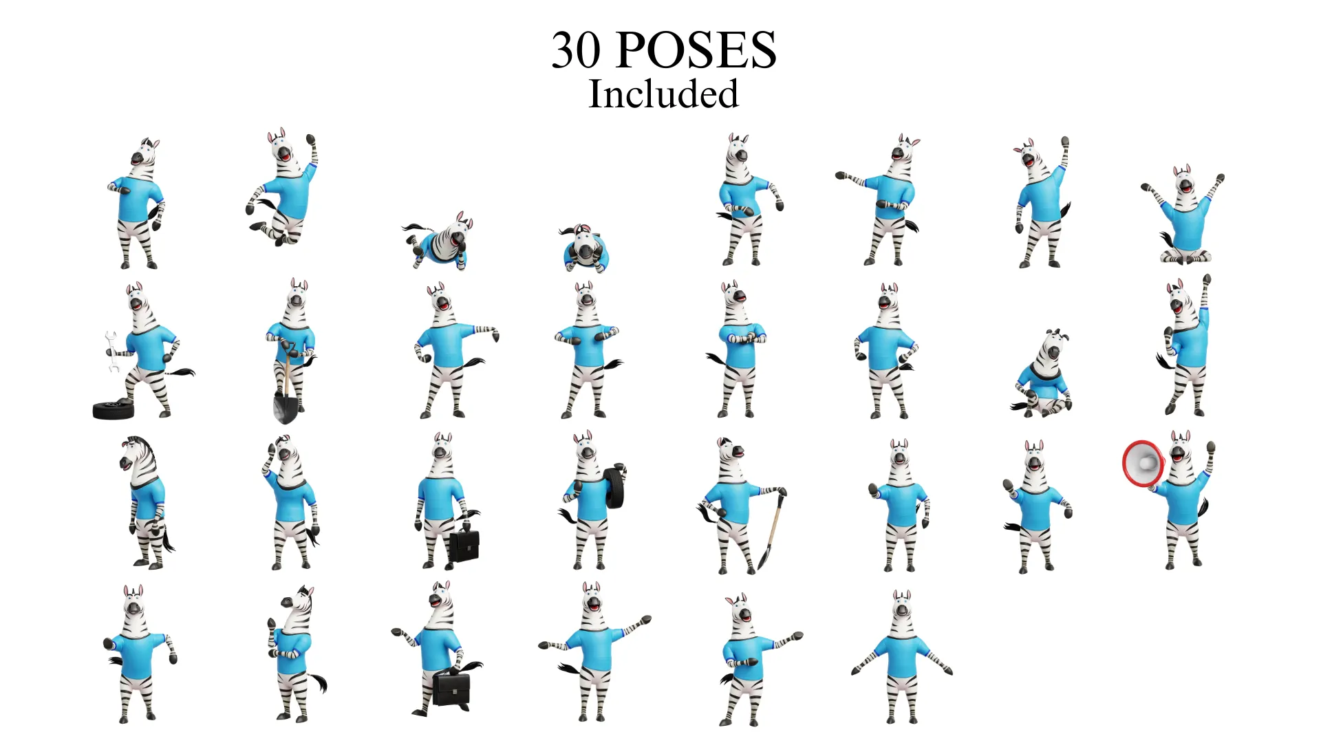 30 pre-made poses for stylized zebra mascot 3D character